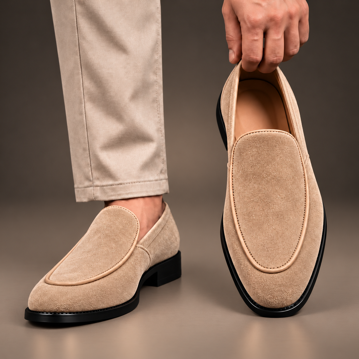 Torino men's suede loafers in Tan, worn with chinos