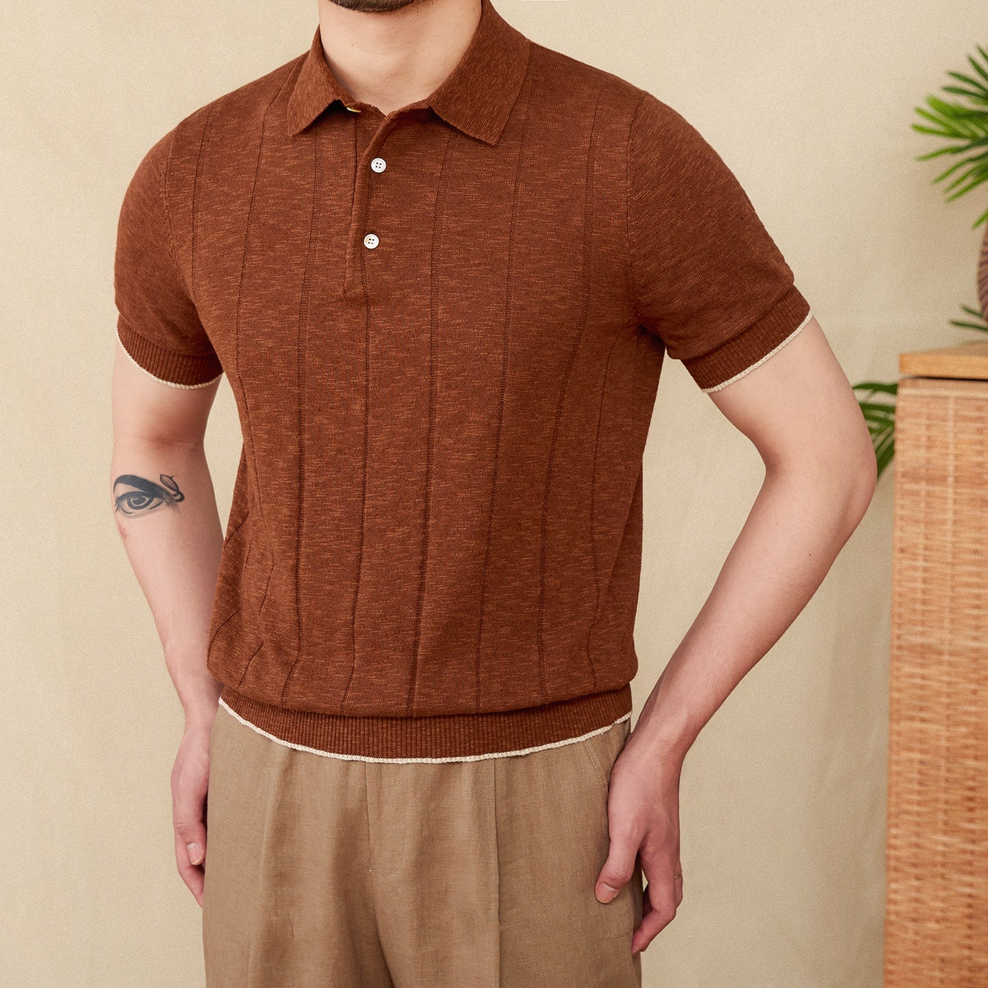 Tremezzo men's cotton-linen knit polo in Terracotta