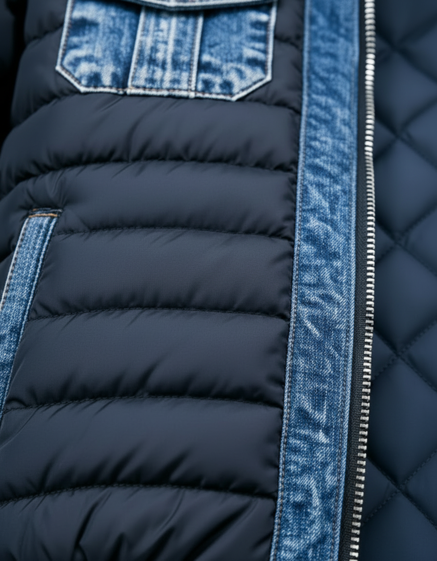 Varel hybrid denim and quilted jacket in blue, full look