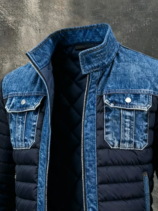 Varel men's blue jean jacket with quilted sections, styled view