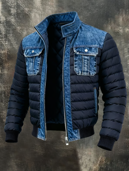 Varel men's quilted denim jean jacket in blue, front view