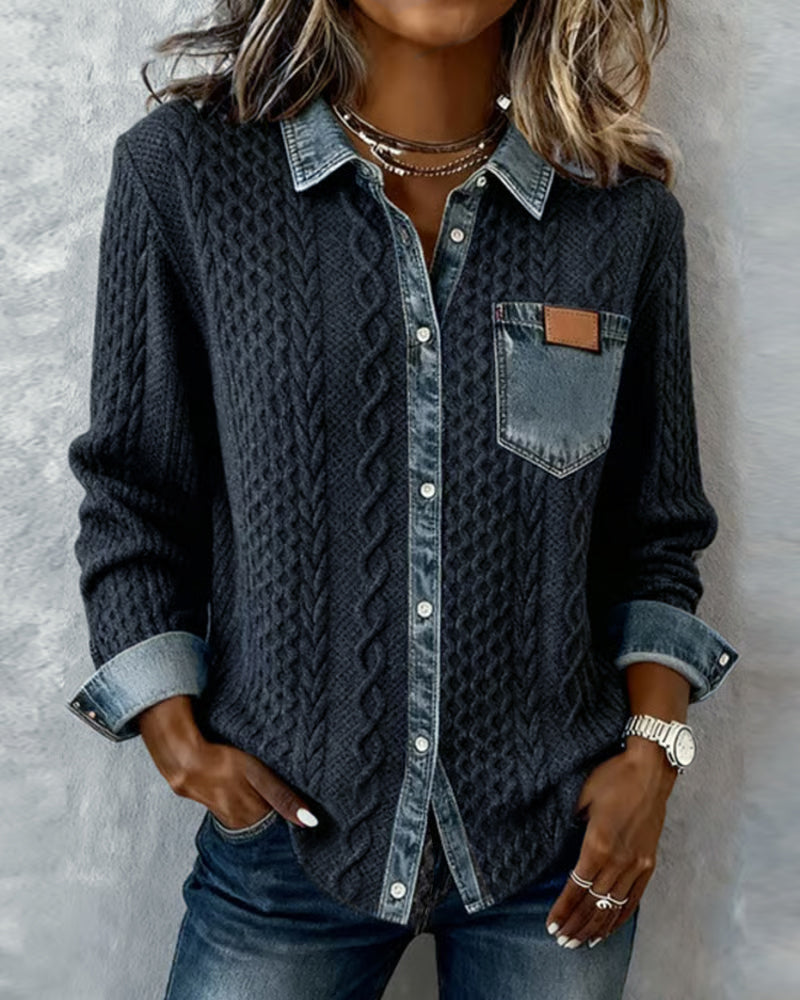 Long Sleeve Shirt with Denim Patchwork – women's shirts, view 10