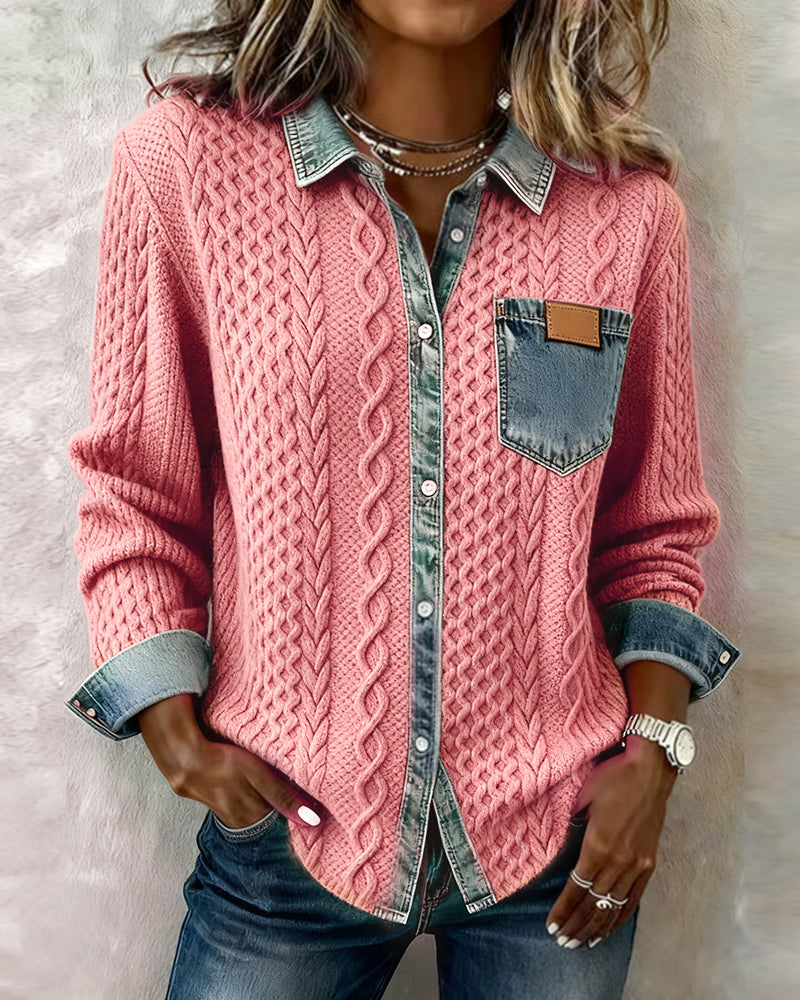 Long Sleeve Shirt with Denim Patchwork – women's shirts, view 4