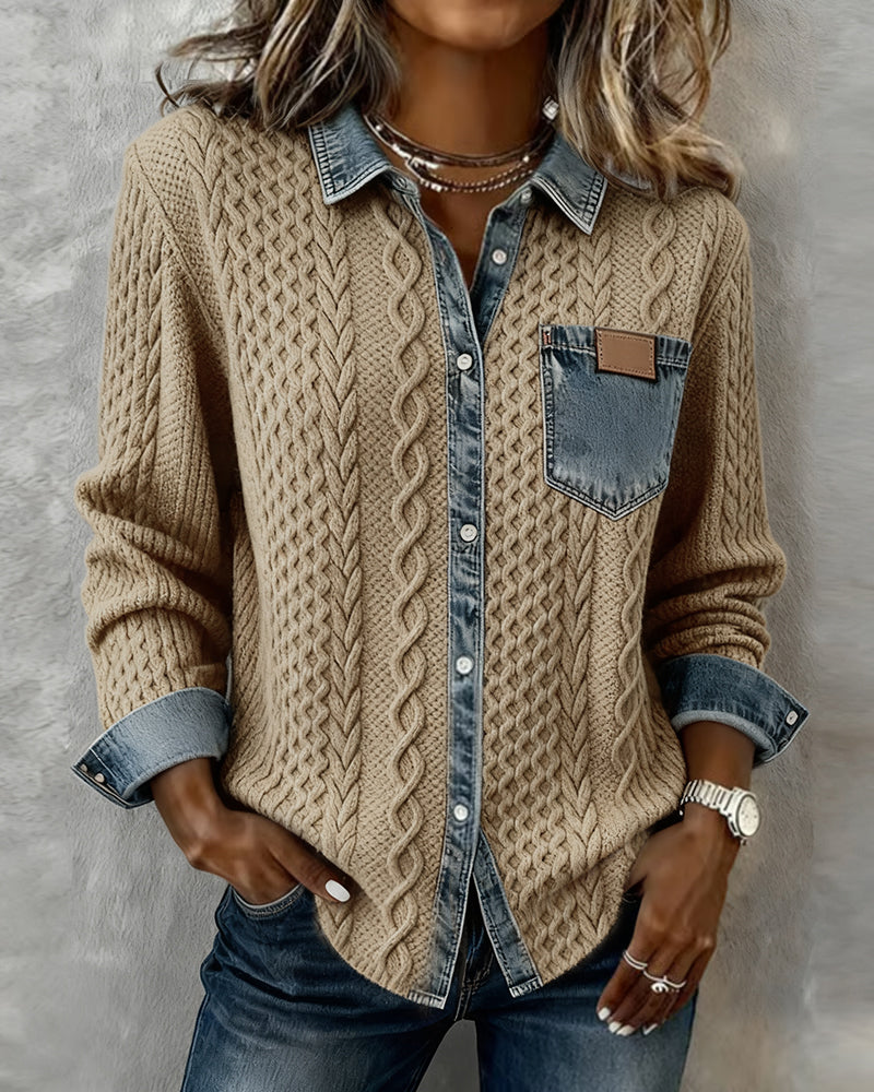 Long Sleeve Shirt with Denim Patchwork – women's shirts, view 7