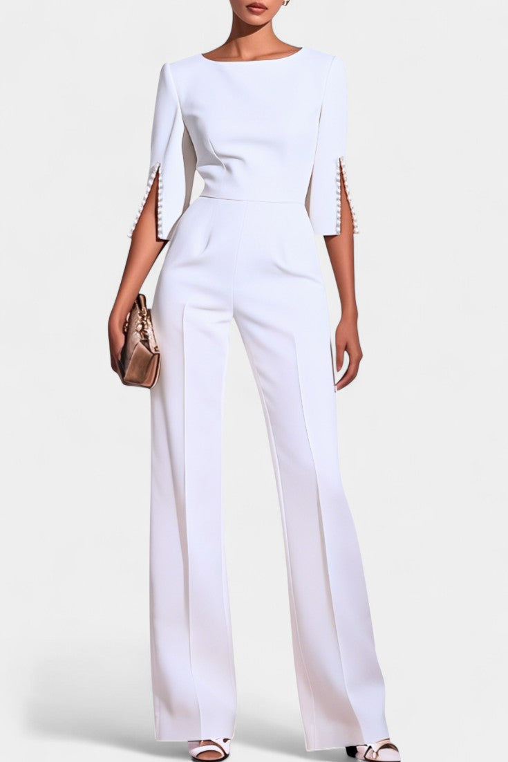 Chic Three Quarter Sleeve Jumpsuit with Pearl Accents – women's jumpsuits