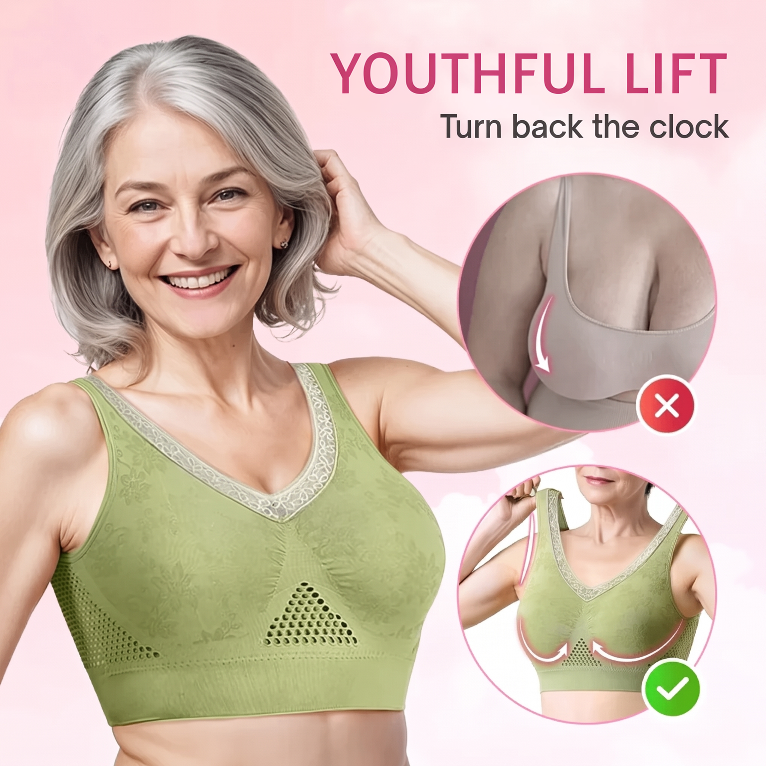 Mirella wireless lift bra in Green worn by a smiling woman, with before-and-after lift close-ups