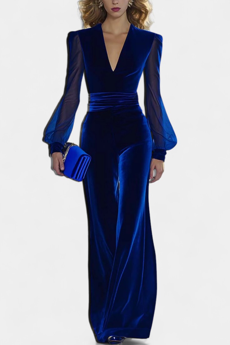 Clarène V Neck Velvet Jumpsuit with Long Sleeves – women's jumpsuits