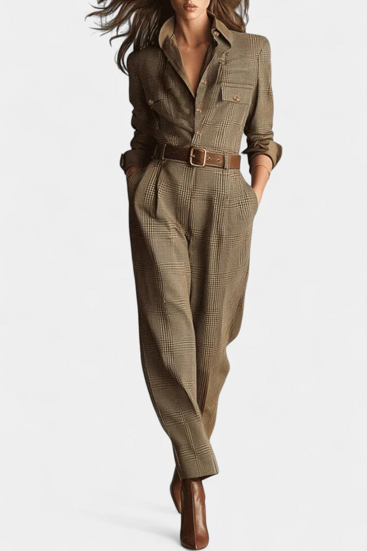 Cali Brown Checkered Tweed Jumpsuit with Adjustable Belt – women's jumpsuits