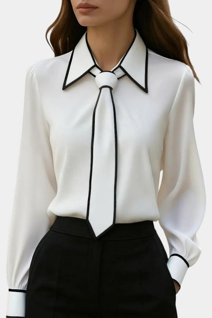 Ivory Maurine Blouse with Knotted Collar and Contrasting Details – women's shirts