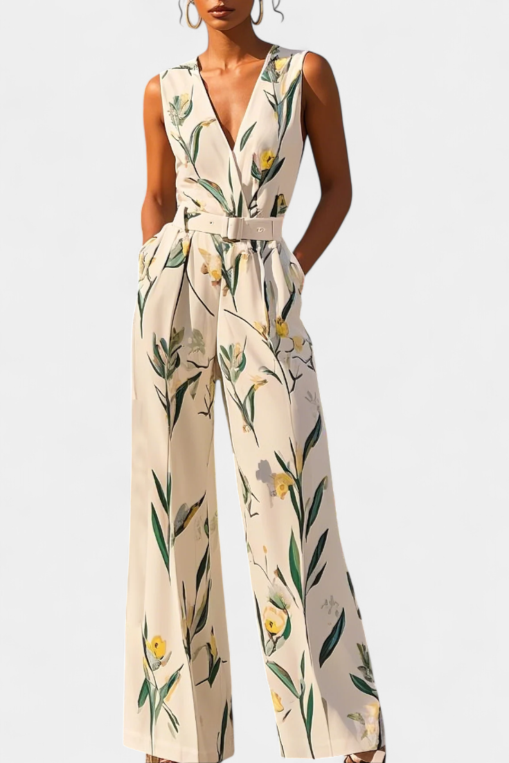 Slara White V Neck Jumpsuit with Belted Waist – women's jumpsuits