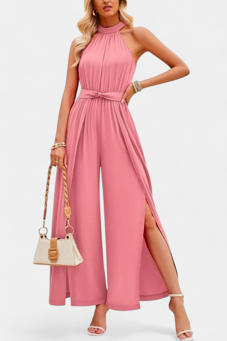 Asymmetrical One Shoulder Jumpsuit with Bow Accent by Nyree – women's jumpsuits