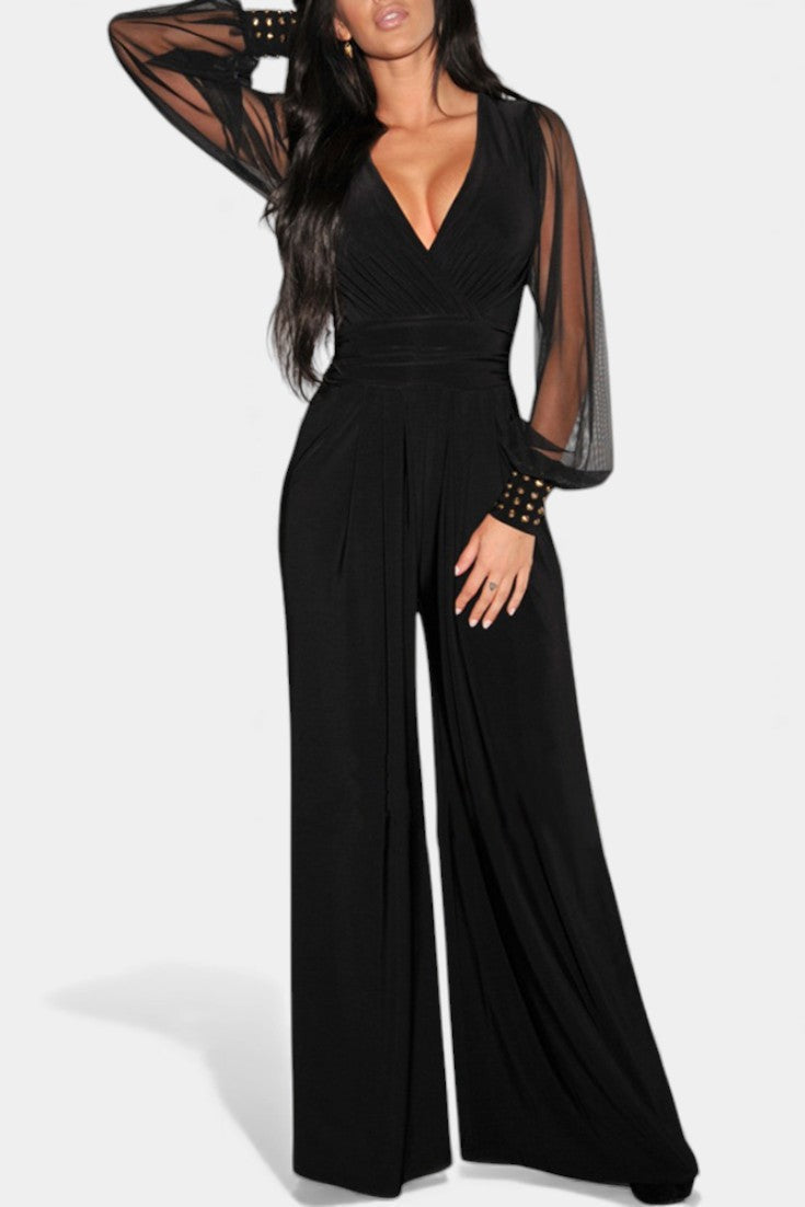 Élancia Chic Black Fluid Jumpsuit Featuring Sheer Sleeves – women's jumpsuits
