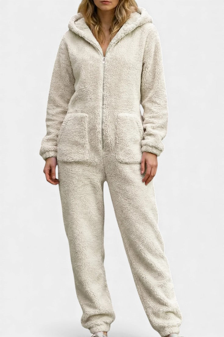 Emergence Zip Up Hooded Plush Jumpsuit – women's jumpsuits