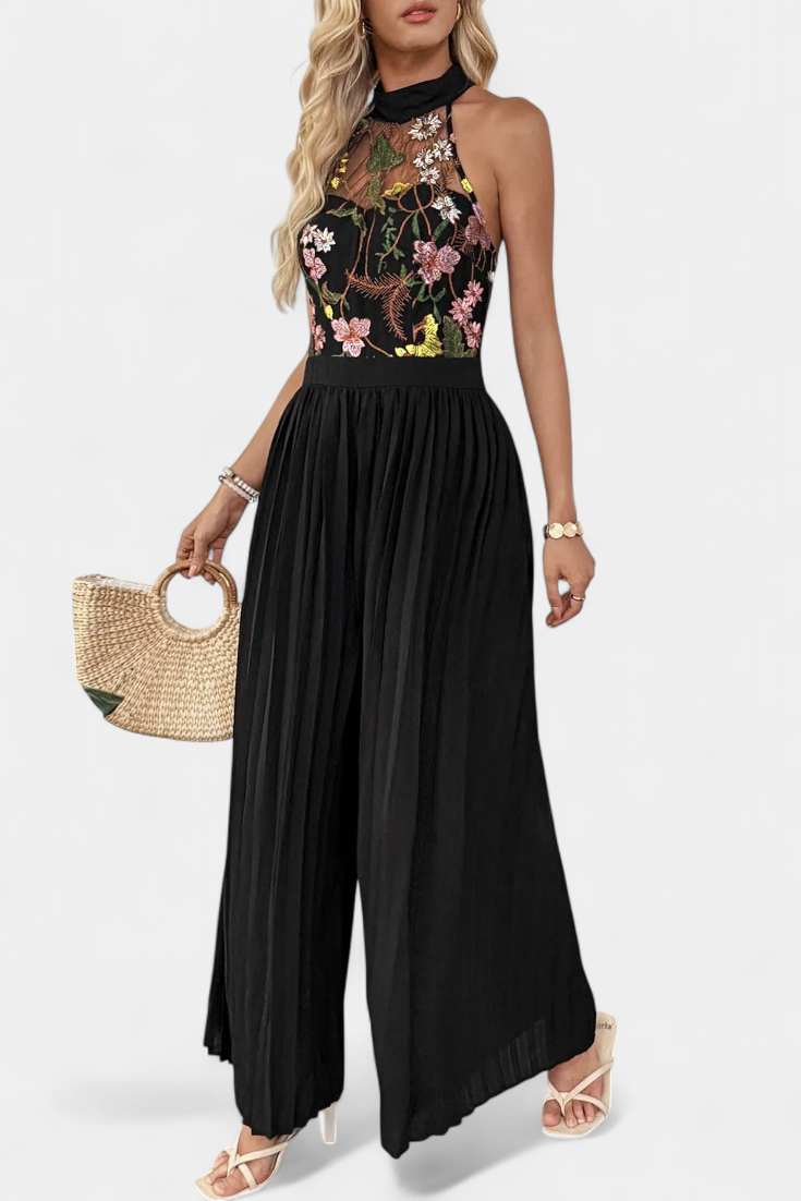 Maruja Floral Lace Halter Jumpsuit with Pleated Palazzo Pants – women's jumpsuits